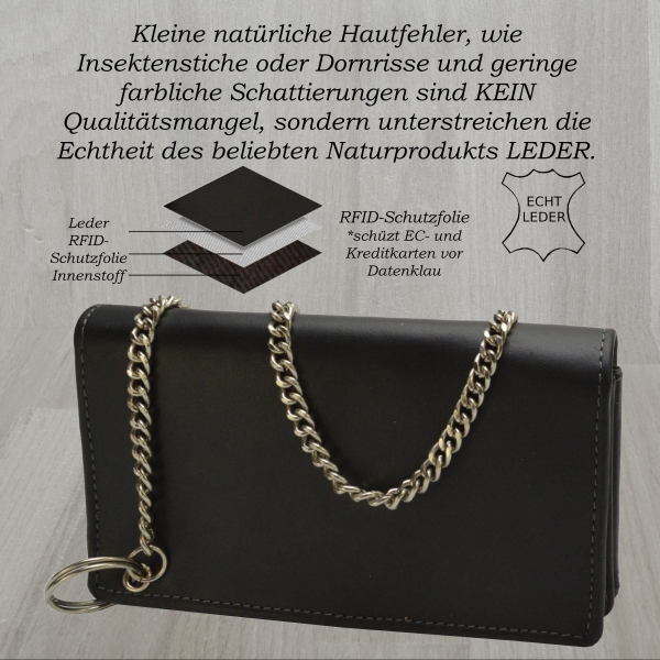 flevado Wild Büffel Leder Geldbörse Scull Totenkopf Biker Wildleder Brieftasche mit Kette (Schwarz) RFID Schutz